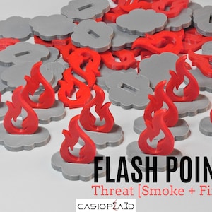 May include: Red and gray plastic game pieces for the board game Flash Point: Fire Rescue. The pieces are shaped like flames and clouds. The text "FLASH POINT Threat [Smoke + Fire] CASIOPEA3D" is printed on the bottom of the image.