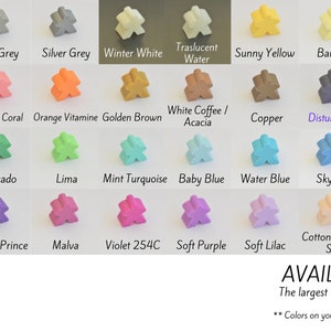 May include: A chart showing a wide variety of colors available for game pieces. The colors are displayed in a grid format with the name of each color listed below the corresponding color sample. The text "AVAILABLE COLORS" is displayed at the bottom of the chart.