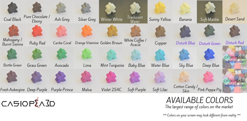 May include: A chart showing a wide variety of colors available for game pieces. The colors are displayed in a grid format with the name of each color listed below the corresponding color sample. The text "AVAILABLE COLORS" is displayed at the bottom of the chart.