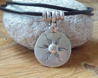 Leather necklace *2.5 ~ sun ~ silver plated ~ zamak ~ unisex ~ leather jewelry