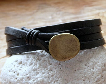 Wrap bracelet *4 ~ button ~ plain ~ bronze ~ surfer ~ unisex ~ leather jewelry