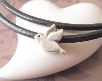 Leather necklace *2.5 ~ small dove ~ silver-plated ~ zamak ~ peace ~ chocker ~ unisex ~ leather jewelry