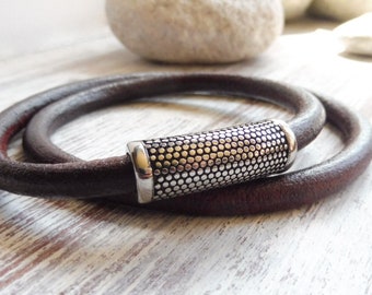 Leather necklace *6 ~ magnetic clasp ~ stainless steel ~ tube*3 ~ unisex ~ leather jewelry