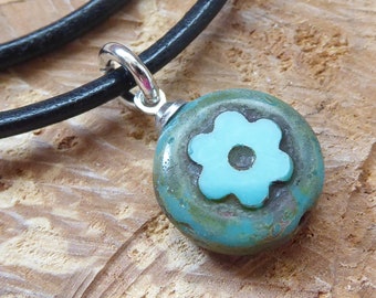 Leather necklace *2.5 ~ flowers ~ small ~ Bohemian glass ~ turquoise ~ leather jewelry