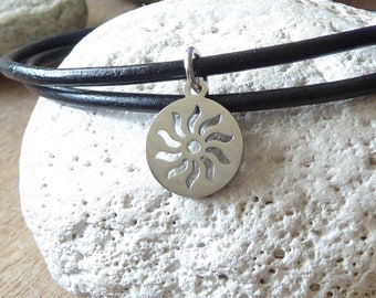 Leather necklace *2 ~ mini sun ~ choker ~ stainless steel ~ unisex ~ genuine leather ~ leather jewelry