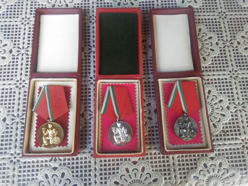 Silver and Bronze Original Medals Gold Set Medals of Socialistic Labor Bulgarian Collectible Medals 3 Old Communist Work Badges