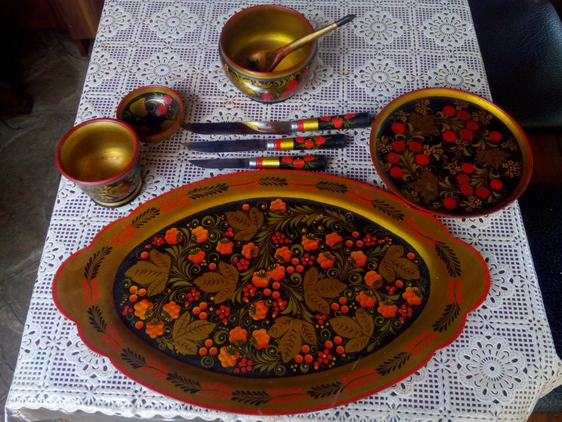 Hand Made Socialist Souvenir Old Russian Wooden Souvenir Hand Painted Russian Set of Decorations Beautiful Kitchen Set for Decor