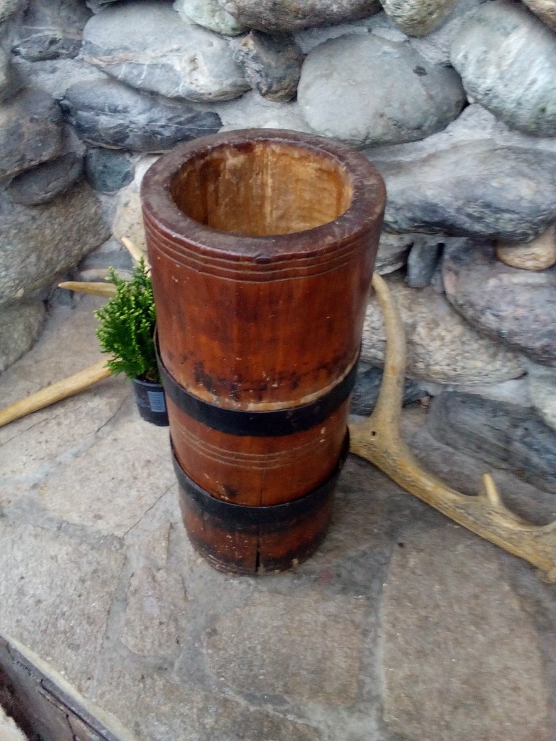 Big wooden court Vintage kitchen court Antique primitive large big wooden mortar iron banded Very old wooden court Handmade court