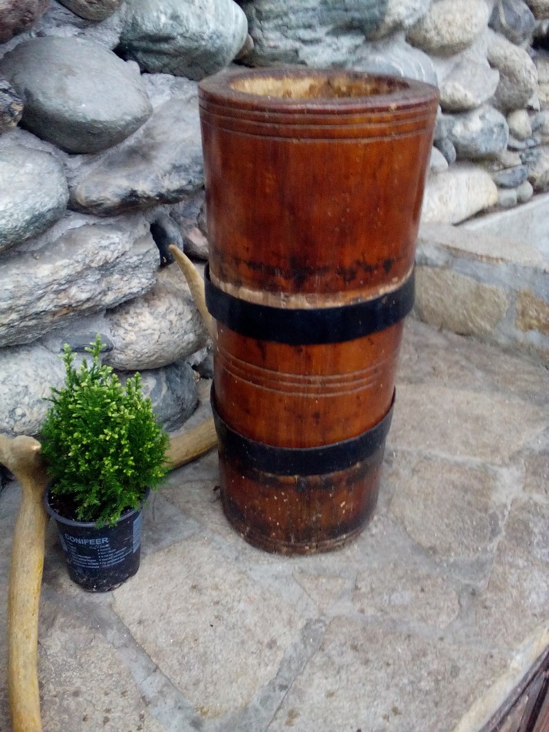 Big wooden court Vintage kitchen court Antique primitive large big wooden mortar iron banded Very old wooden court Handmade court