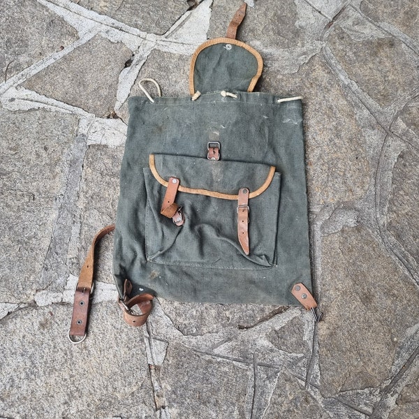 Old small green canvas backpack, Vintage military backpack, Compact tourist canvas backpack, Backpack for hunting and fishing, Backpack