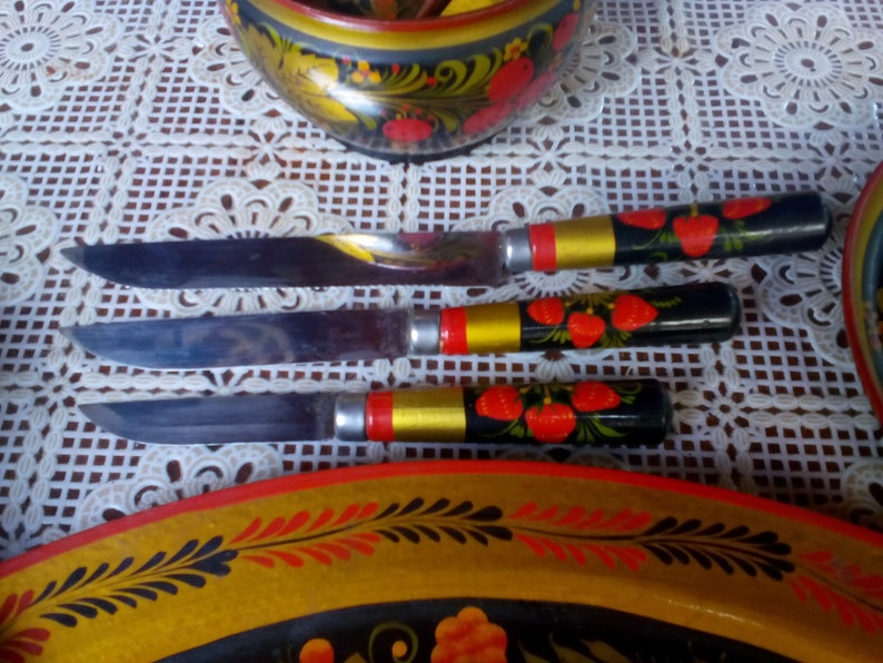 Hand Made Socialist Souvenir Old Russian Wooden Souvenir Hand Painted Russian Set of Decorations Beautiful Kitchen Set for Decor