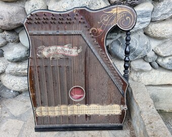 Old Large German String Instrument Zither - Vintage Guitar Zither Pianoharp - Fabriqué en Allemagne - Original Instrument de Musique - Antique