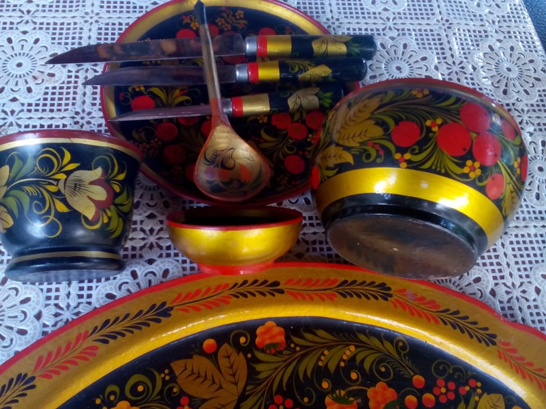 Hand Made Socialist Souvenir Old Russian Wooden Souvenir Hand Painted Russian Set of Decorations Beautiful Kitchen Set for Decor