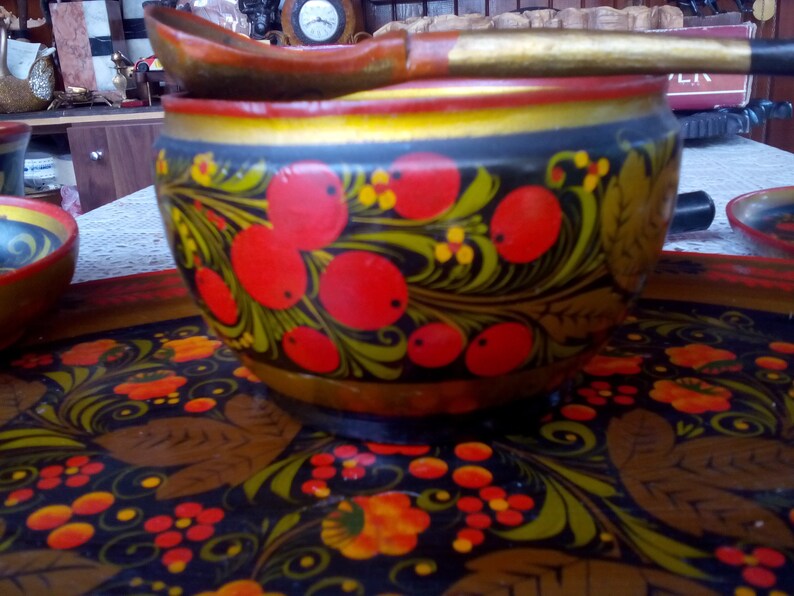 Hand Made Socialist Souvenir Old Russian Wooden Souvenir Hand Painted Russian Set of Decorations Beautiful Kitchen Set for Decor