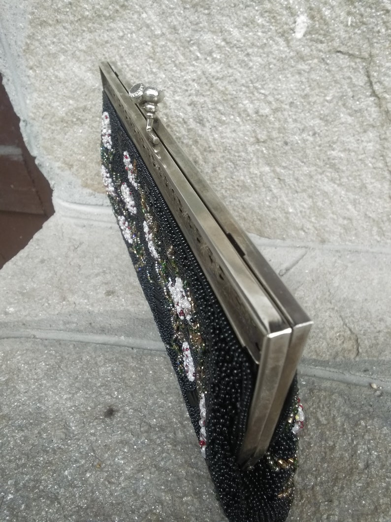 Iridescent Glass Beaded Ladies Bag Unique Ladies Bag with Beads Retro Black Womens Bag Embroidered Ladies Bag with Florals Motivs