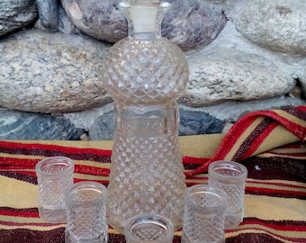 Old Glass Bottle and Cups - Vintage liquor bottle - Glass decanter - Vintage glass bottle and cups - Kitchen decor - Gift idea