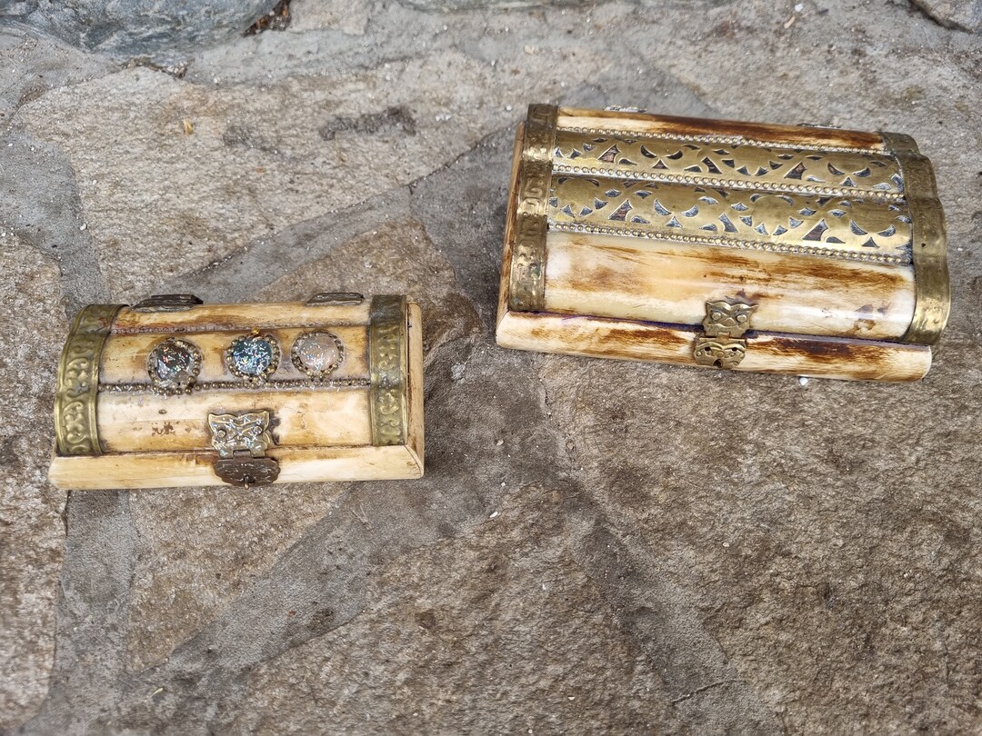 Vintage Hinged Jewelry Boxes With Bone Old Bone Jewelry Boxes Big and Smale Box in Bone Unique