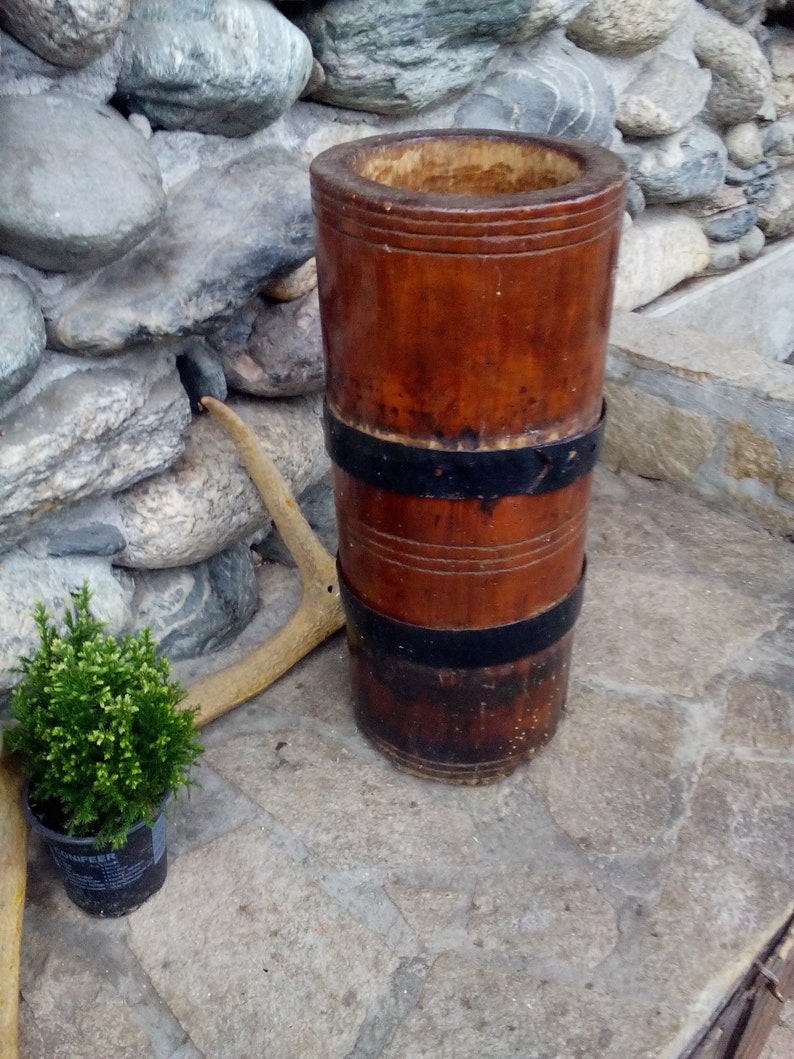 Big wooden court Vintage kitchen court Antique primitive large big wooden mortar iron banded Very old wooden court Handmade court