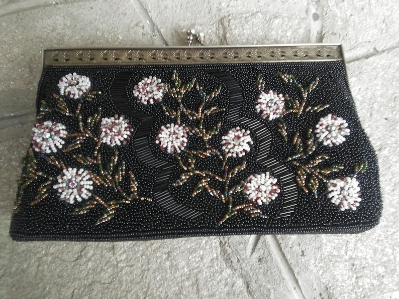 Iridescent Glass Beaded Ladies Bag Unique Ladies Bag with Beads Retro Black Womens Bag Embroidered Ladies Bag with Florals Motivs