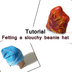 May include: Tutorial: Felting a slouchy beanie hat. Two felted hats are shown, one is blue with white swirls and the other is orange with yellow swirls.