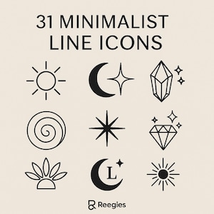May include: A set of 31 minimalist line icons featuring various symbols, including the sun, moon, stars, crystals, and geometric shapes. The icons are black and white and are arranged in a grid pattern.