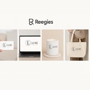Op de afbeelding: Een witte kaars met een zwart logo met de tekst "LUNE" en een brandende lont. De kaars staat op een witte ronde basis. Het logo staat ook op een witte visitekaart, een witte tote bag en een laptopscherm.
