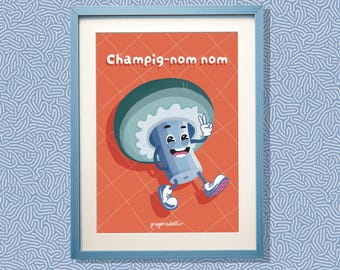 Miam, des champignons ! | Affiche humoristique sur les champignons | Poster de cuisine | Illustration culinaire | Art mural numérique | Affiche à imprimer