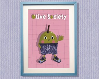 Société de l'Olive | Affiche Olive | Illustration culinaire humoristique | Décoration murale à imprimer | Affiche de cuisine | Illustration alimentaire | Téléchargement numérique
