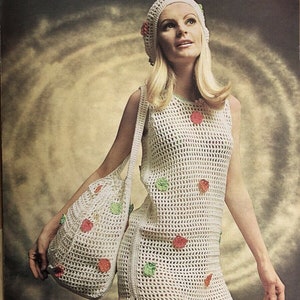 Vintage 60's crochet pattern flower rosettes summer beach festival dress bag and beret