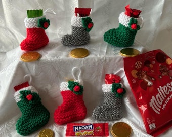 Laminated DK knitting pattern Christmas holly stocking bunting tree decoration chocolate cover