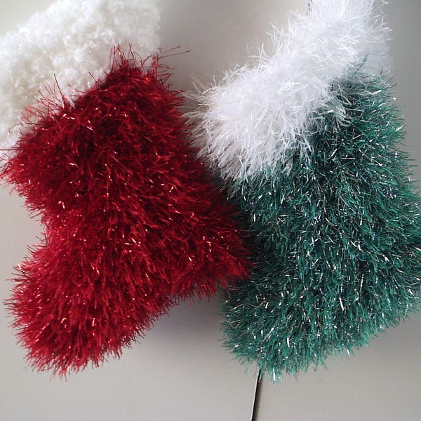 PDF knitting pattern tinsel yarn Christmas santa stocking  for gifts and home decoration