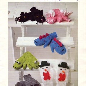 May include: Knitting pattern for double knit mittens with animal designs. The pattern includes a cat, rabbit, dinosaur, frog, snowman, and mouse. The pattern is for ages 1-8 years. PBN C 5060.