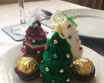 PDF instant download DK knitting pattern to make a mini Christmas tree to cover Ferrero Rocher Maltesers truffles Lindor chocolates