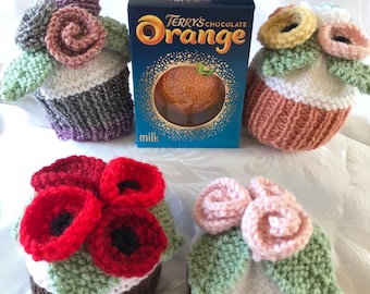 Instant PDF straight needles DK knitting pattern Rose and Poppy cupcakes chocolate orange cover