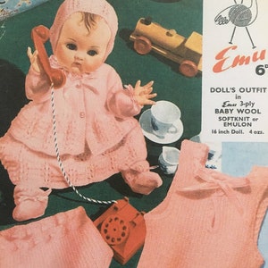 May include: A pink knitted doll's outfit with a matching hat, a cardigan, a skirt, and a sleeveless top. The outfit is made with Emu 3-ply Baby Wool or Emulon yarn. The pattern is for a 16-inch doll and requires 4 ounces of yarn.