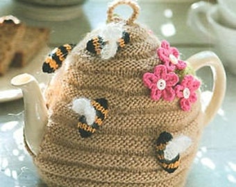 Instant PDF file download Beehive tea cosy knitting pattern with bees and flowers