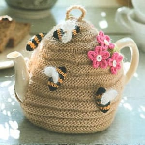 Instant PDF file download Beehive tea cosy knitting pattern with bees and flowers