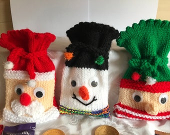 PDF download DK knitting pattern Santa Snowman & Elf Christmas gift pouch bag