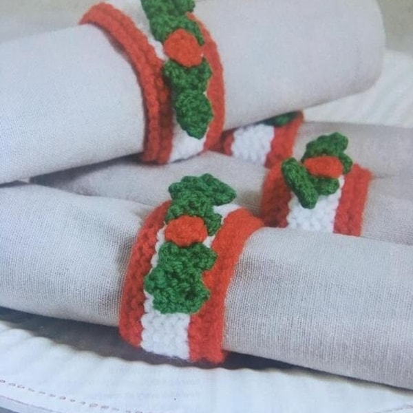 PDF instant download DK knitting pattern Retro Christmas table holly serviette napkin rings