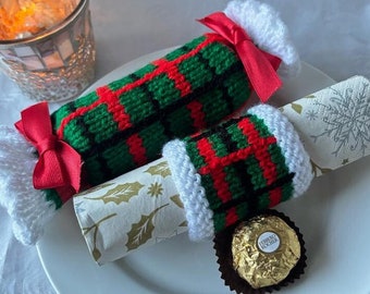 PDF DK knitting pattern Tartan Table Christmas cracker sweets chocolate cover and Napkin ring