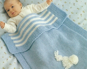PDF download Vintage DK easy knitting pattern baby pram blanket cover with bunny motif