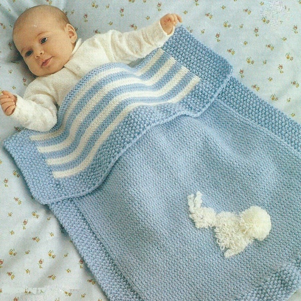 PDF download Vintage DK easy knitting pattern baby pram blanket cover with bunny motif