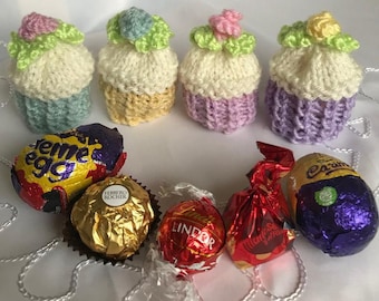 PDF download DK knitting pattern mini flower cupcake creme egg Ferrero Lindt chocolate cover