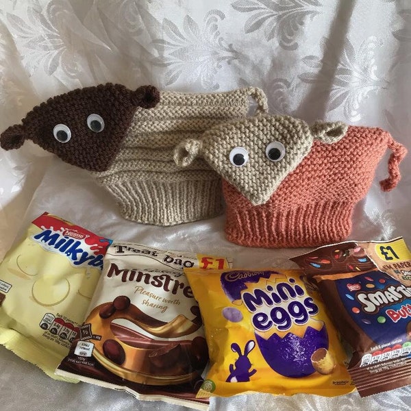 PDF download DK knitting pattern to make a large Easter lamb fits 80gms treat size sweet bag gift pouch mini eggs cover