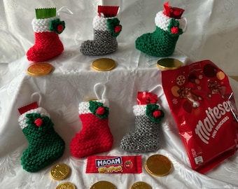 PDF DK knitting pattern Christmas holly stocking bunting tree decoration chocolate coins sweets cover