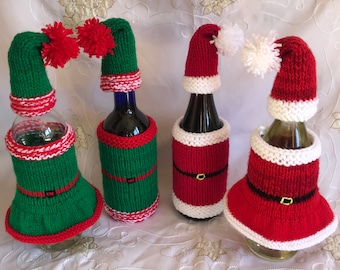 PDF download DK straight needles knitting pattern Santa and Elf Christmas wine bottle hat jacket & dress
