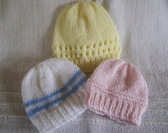 PDF Baby Hat Trio - straight needles DK knitting pattern premature early small baby newborn-3 months
