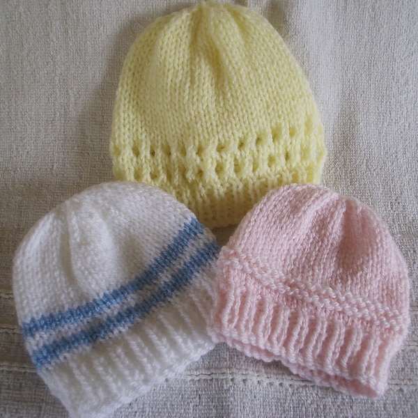 PDF Baby Hat Trio - straight needles DK knitting pattern premature early small baby newborn-3 months