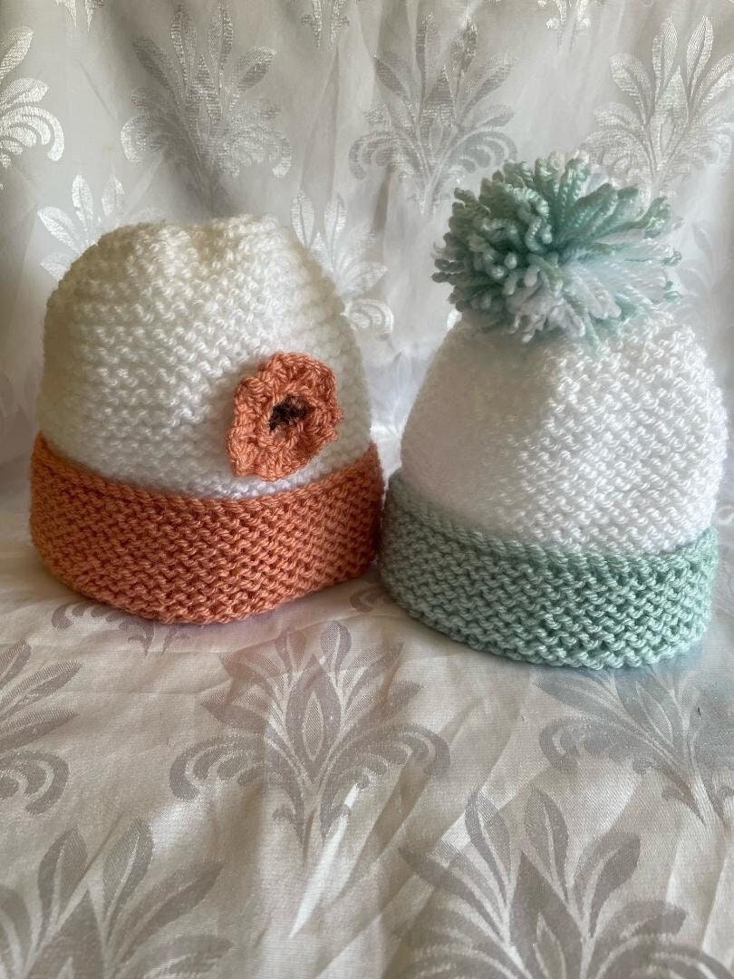 PDF easy straight needles garter stitch beginner baby knitting pattern pom pom & flower hat DK yarn size premature and 0-3 months