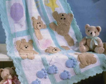 PDF download Vintage crochet pattern baby afghan blanket with mischievous teddies